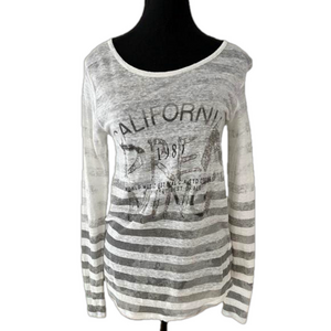 MONARI 100% Linen California Dreaming Long Sleeve Pullover Top Silver Metallic